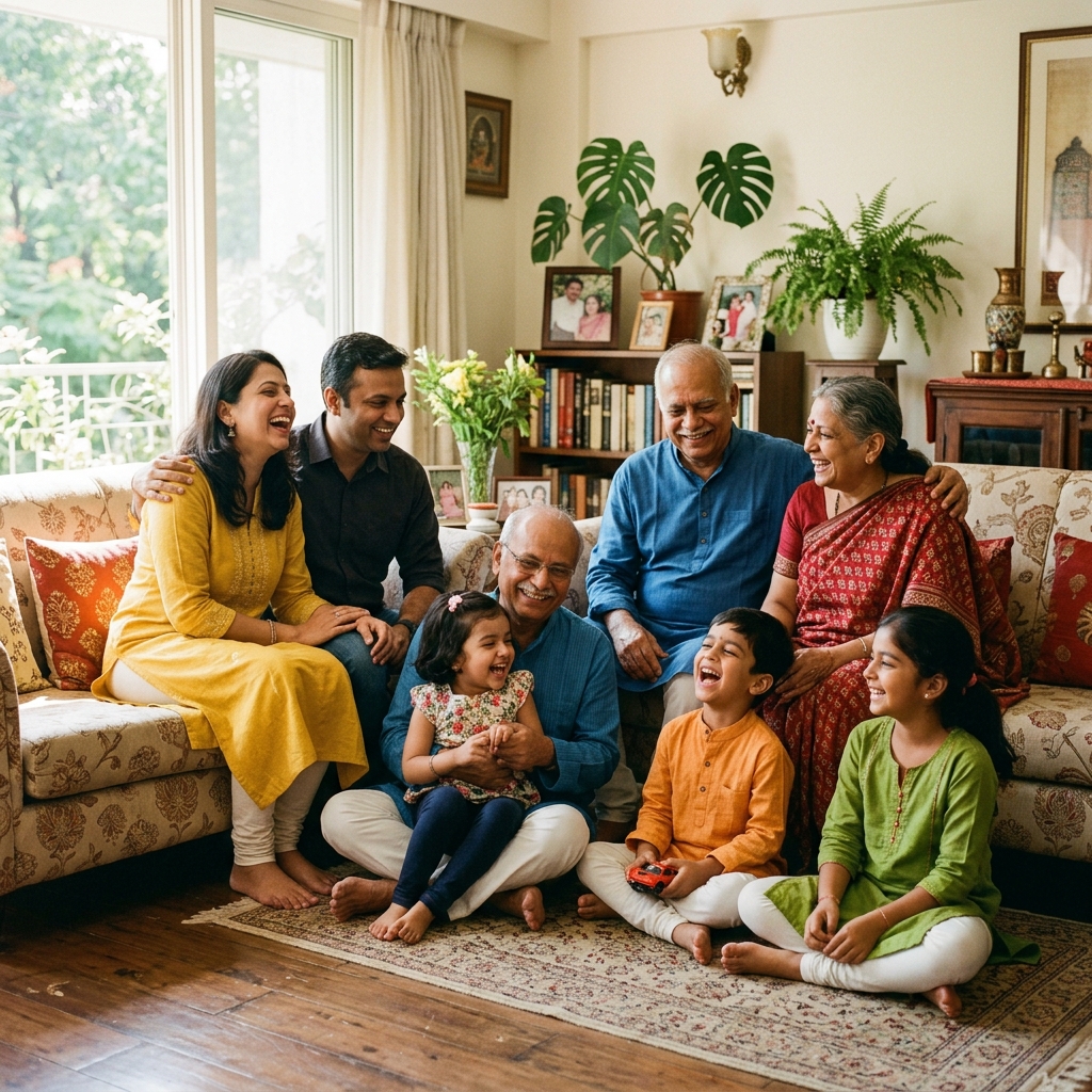Multigenerational family gathered together laughing