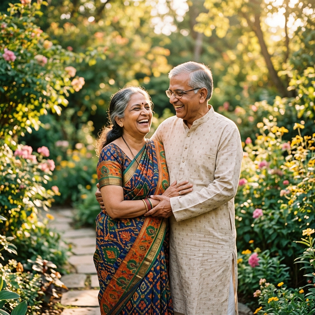 A joyful senior couple smiling together in a garden