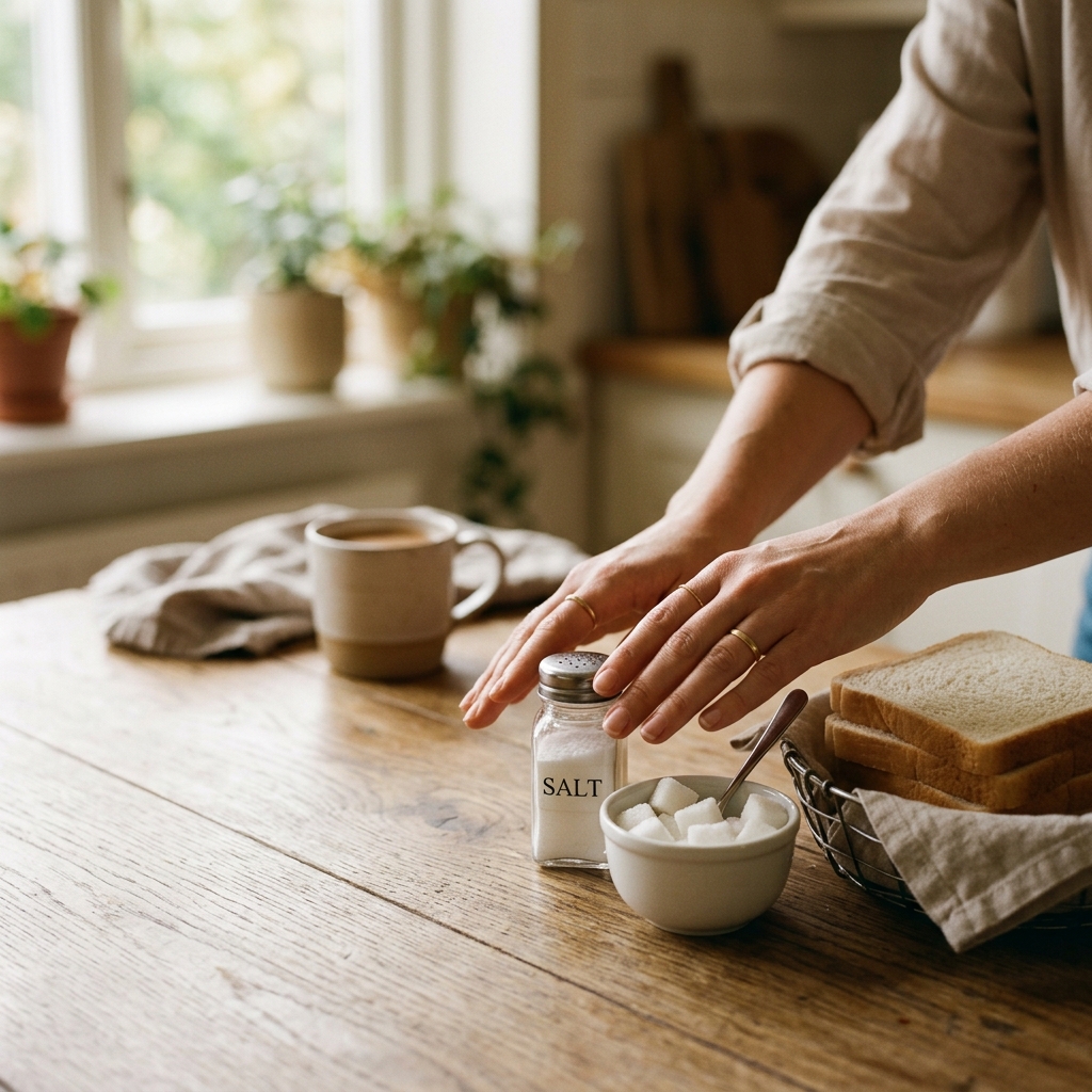 Hands gently pushing away salt, sugar and white bread